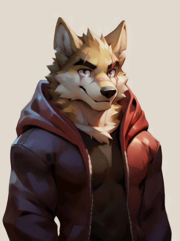 masterpiece, best quality, NJ5Furry, male, 1 male,hairy pubic, male focus, Animal ear, formal, Wolf ears, Wolf Boy,smile,White fur, Yellow fur, Brown fur,two tone fur,black shirt,Red hood,black hoodie,Thick eyebrows,one scar,scars on eyes,Yellow eary, by null-ghost, Cooper from remember the flowers, artwork, digital artwork