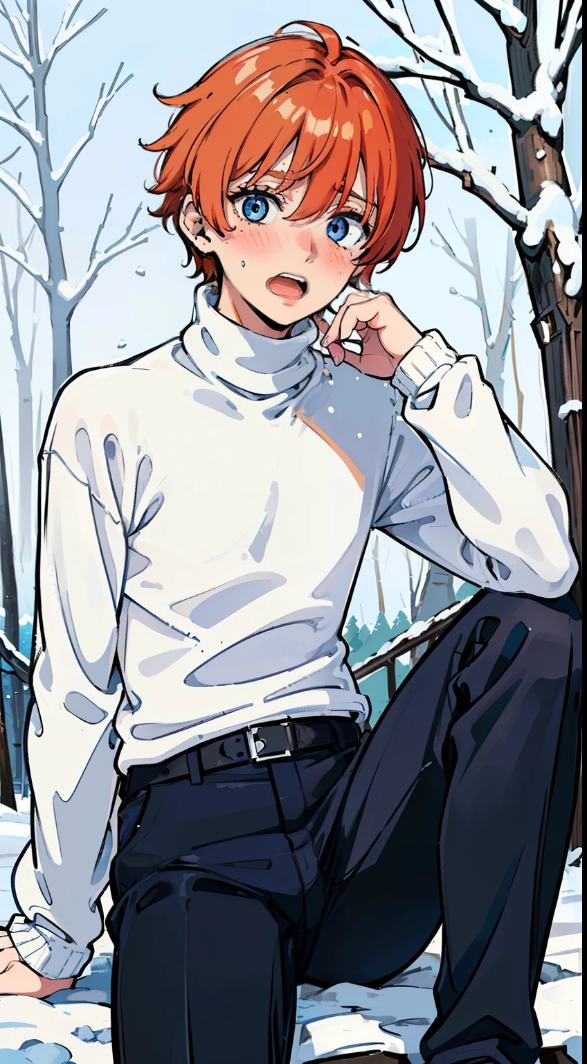 (1boy,teen,18 years old), orange hair, blue eyes,(black pants),(((white sweater,turtleneck))),(sitting in snow,in a forest),((scared face,blush,open mouth))
