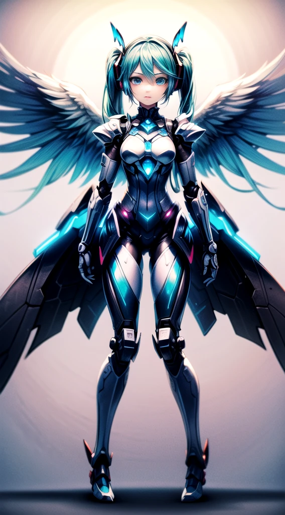 ((((masterpiece, high quality, very_high_resolution, anime colored, Elaborate design, visual art, high quality)))), (((hatunemiku VOCALOID))), twintail, turquoise hair, mecha, 1girl, cyberpunk, realistic, mechanical parts, ((((Angel wings)))), powerd suit, robot joints, headgear, full armor, Limb is a machine, shoulder armor, high heels, armor color((((white)))), beautiful art,