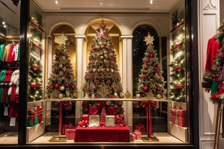 a window of a clothing store richly decorated with Christmas motifs, intricate details, 8k, vibrant colors, https://www.urupes.sp.gov.br/noticias/upload/postagens/1977141345.jpg