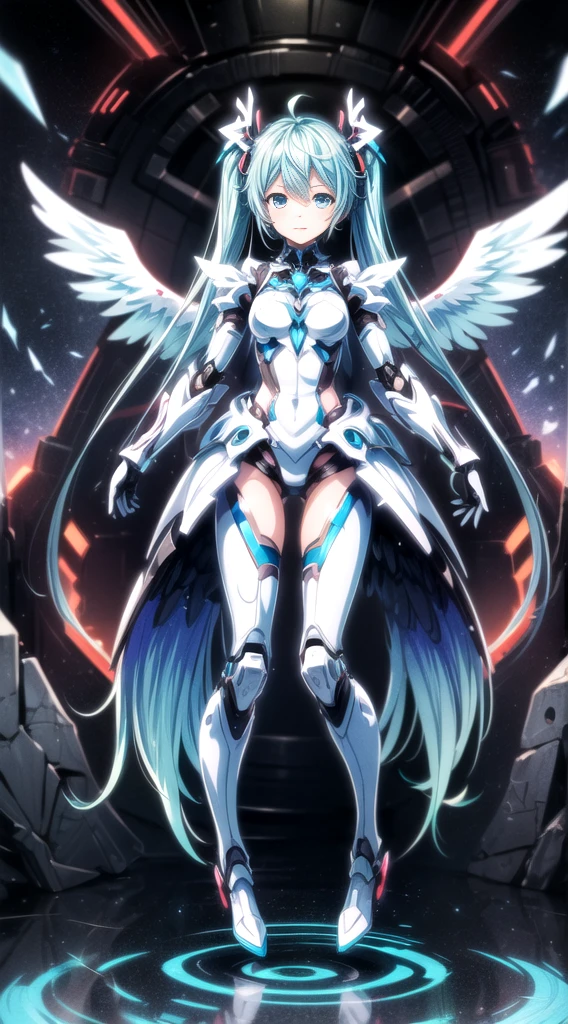 ((((masterpiece, high quality, very_high_resolution, anime colored, Elaborate design, visual art, high quality)))), (((hatunemiku VOCALOID))), twintail, turquoise hair, mecha, 1girl, cyberpunk, realistic, mechanical parts, ((((Angel wings)))), powerd suit, robot joints, headgear, full armor, Limb is a machine, shoulder armor, high heels, armor color((((white)))), beautiful art, anime illustration