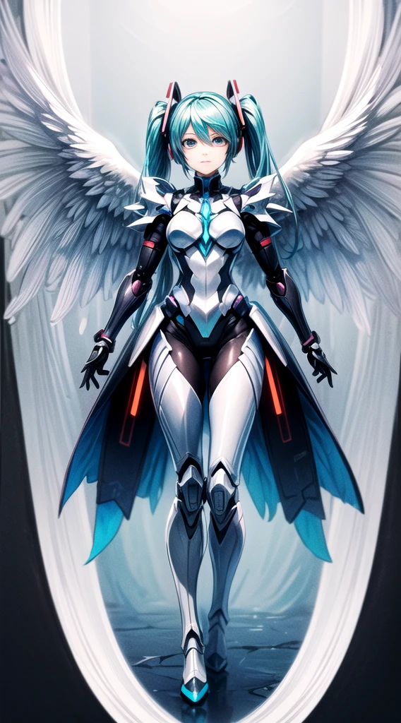 ((((masterpiece, high quality, very_high_resolution, anime colored, Elaborate design, visual art, high quality)))), (((hatunemiku VOCALOID))), twintail, turquoise hair, mecha, 1girl, cyberpunk, realistic, mechanical parts, ((((Angel wings)))), powerd suit, robot joints, headgear, full armor, Limb is a machine, shoulder armor, high heels, armor color((((white)))), beautiful art, anime illustration