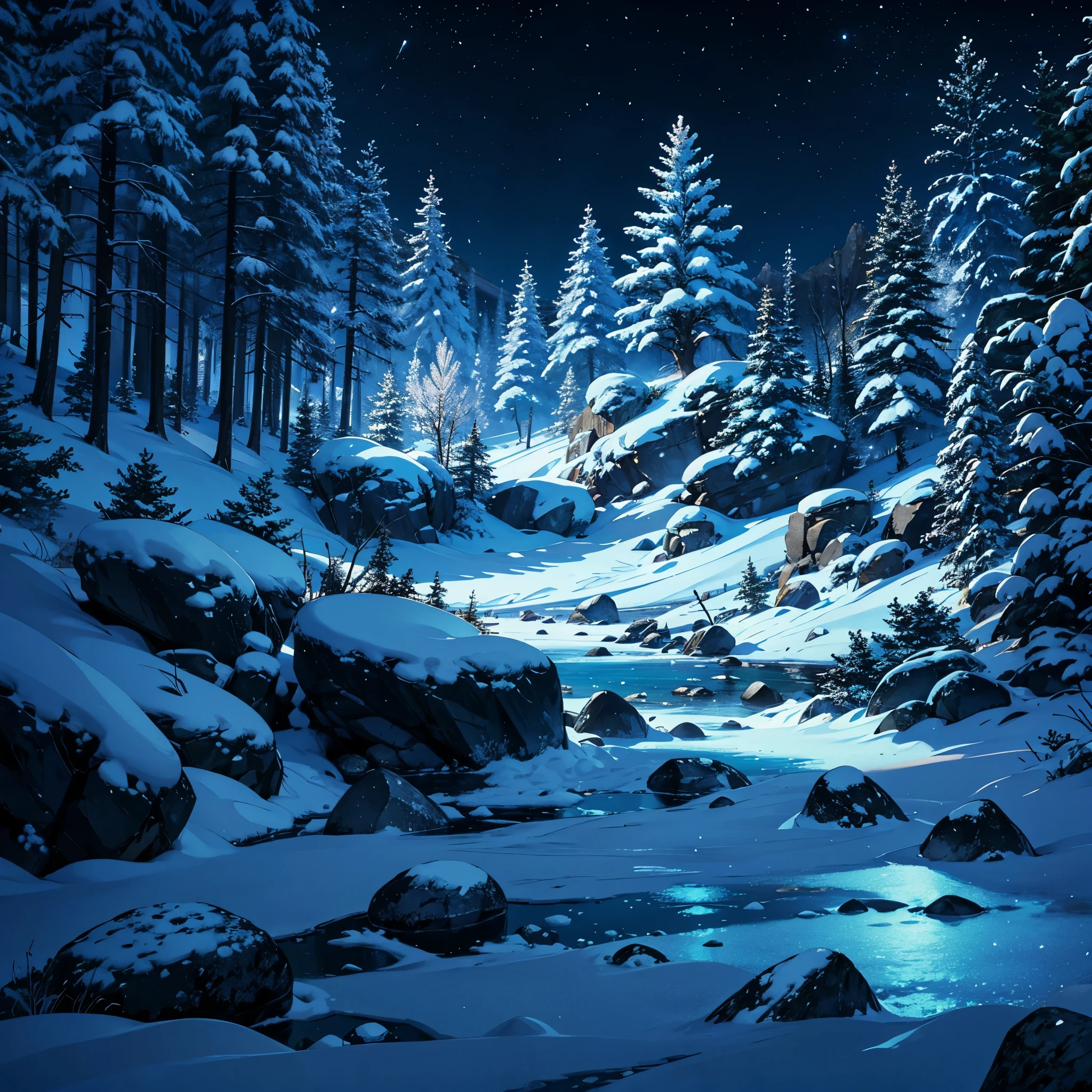 Landscape with rocks and trees with snow at night.