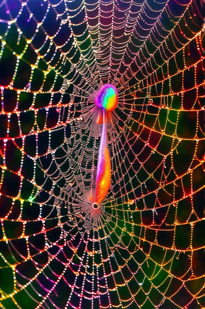 arafed spider webs with a rainbow colored center on a rock, refracted sparkles, spiderwebs, cybernetic webs, spider webs, dew, spider nest, webs, glowing threads of drop, cobwebs, glossy flecks of iridescence, lace web, spider web, cobweb, spidery irregular shapes, hdr refractions, with cobwebs