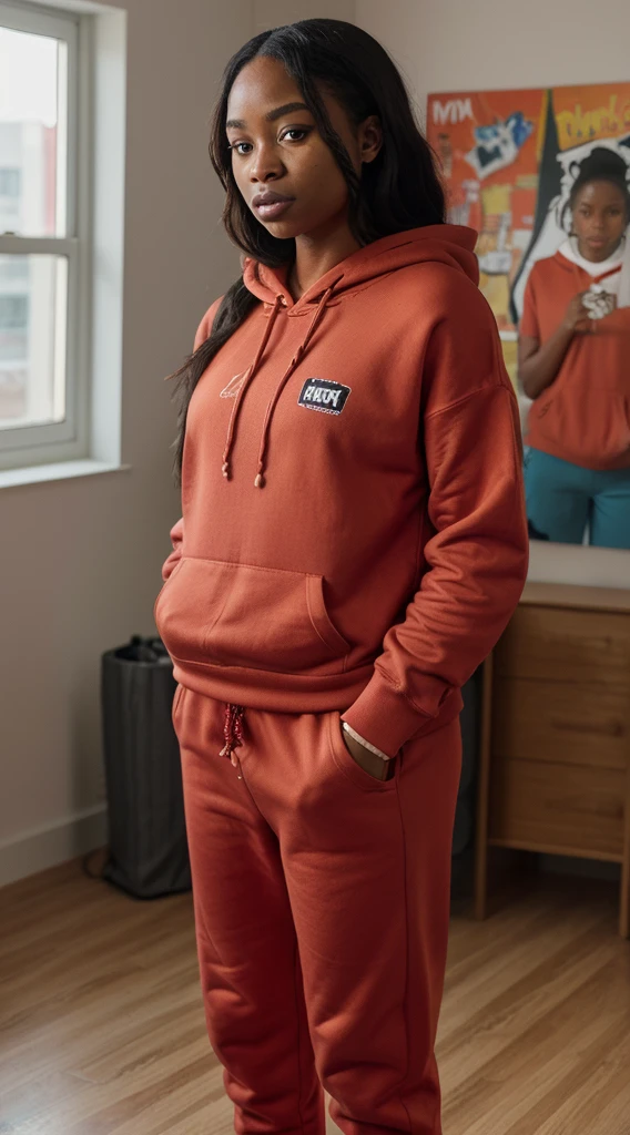 23 year old surreal black African american girl from brooklyn ny, with freckles, Instagram Snapchat Underwear Curves in Influencer Mode, culona, sefi, hyper realisitc, Husband and wife, Sexy look, provocation, 浴室, Espejo, iPhone, Tanga Korta 4k, Casual Two-piece Set, red Kangaroo Pocket Drawstring Hoodie Sweatshirt & red Skinny Pants, gym room, tight fit clothes, 8K