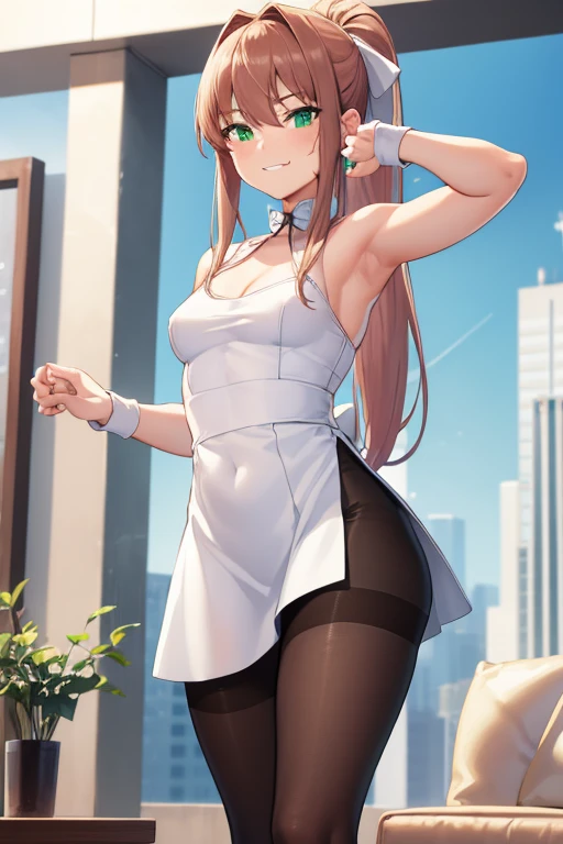 ((full pose:1.5)), ((view from bellow:1.5)), ((standing:1.5)), ((punch at viever:1.5)), ddlcmonika, ddlcmonika, blunt bangs, brown hair, (green eyes:1.5), long hair, ponytail, ribbon, white ribbon, hair ribbon, sidelocks, ((happy face:1.4)), ((armpits)), ((punch close to viever:1.5))
BREAK ((short white dress:1.4)), ((black pantyhose:1.4)), 
BREAK ((looking at viever))
BREAK living room background, ((medium breasts:1.4)), 
BREAK (masterpiece:1.2), best quality, high resolution, unity 8k wallpaper, (illustration:0.8), (beautiful detailed eyes:1.6), extremely detailed face, perfect lighting, extremely detailed CG, (perfect hands, perfect anatomy), ((sky from bellow:1.5)), ((view from bellow:1.5)),