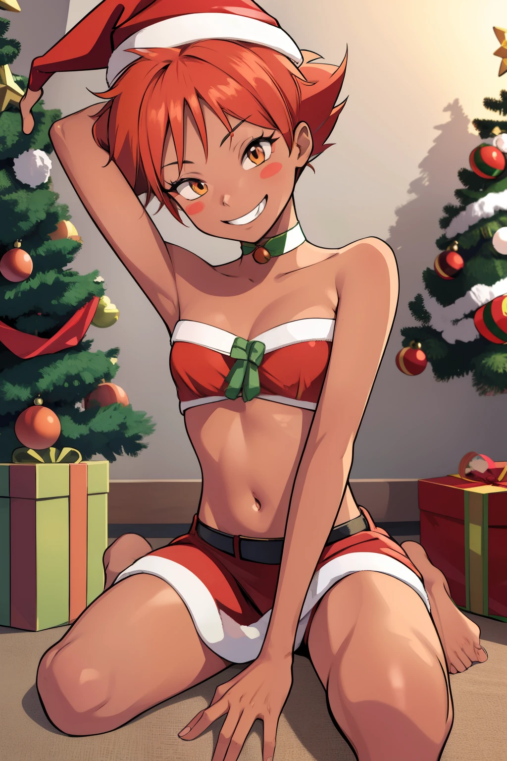 1girl, masterpiece, (detailed background), best quality, absurdres, eyelashes, eyeshadow, orange hair, tiny breasts, sitting on floor, on her knees, edward, Christmas tree in background, solo, short hair, smile, barefoot, dark-skinned female, blush stickers, tomboy, looking at viewer, grin, Santa hat on head, sexy Santa costume, midriff