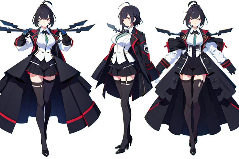 (((Best Quality))) , ((full body)), female, multiple views, white background, variety of hairstyles, seductive pose, mess jacket,