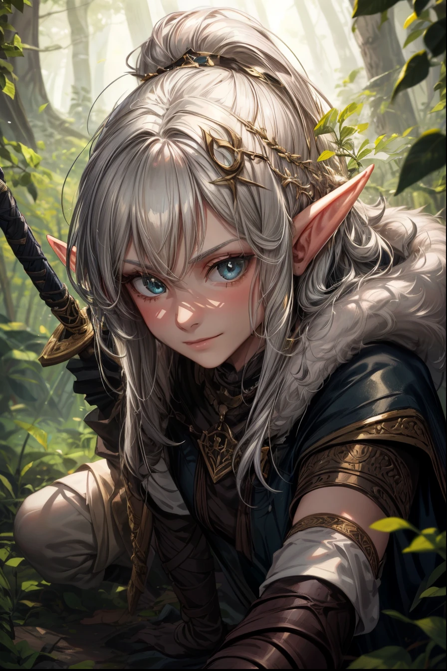 a close up of a person with a sword in a forest, of an elden ring elf, elven character with smirk, a portrait of a male elf, a male elf, a portrait of an elf, backveiw picture of elf rogue, ciri, elf girl, young half elf wizard, portrait of an elf