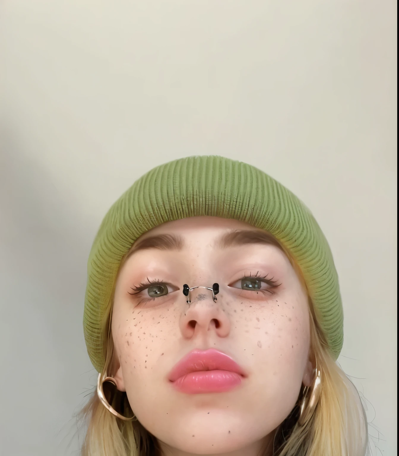 blond woman with green hat and glasses with Piercing en la nariz, Parece una mezcla de mugres, small freckles, septum piercing, Anillo nasal, Piercing en la nariz, Parecido a una mezcla de mugres, small nose with freckles, Parece una mezcla de grimes, usar un parche sobre un ojo, she Parece una mezcla de grimes, small lips pointy nose, pecas en la nariz