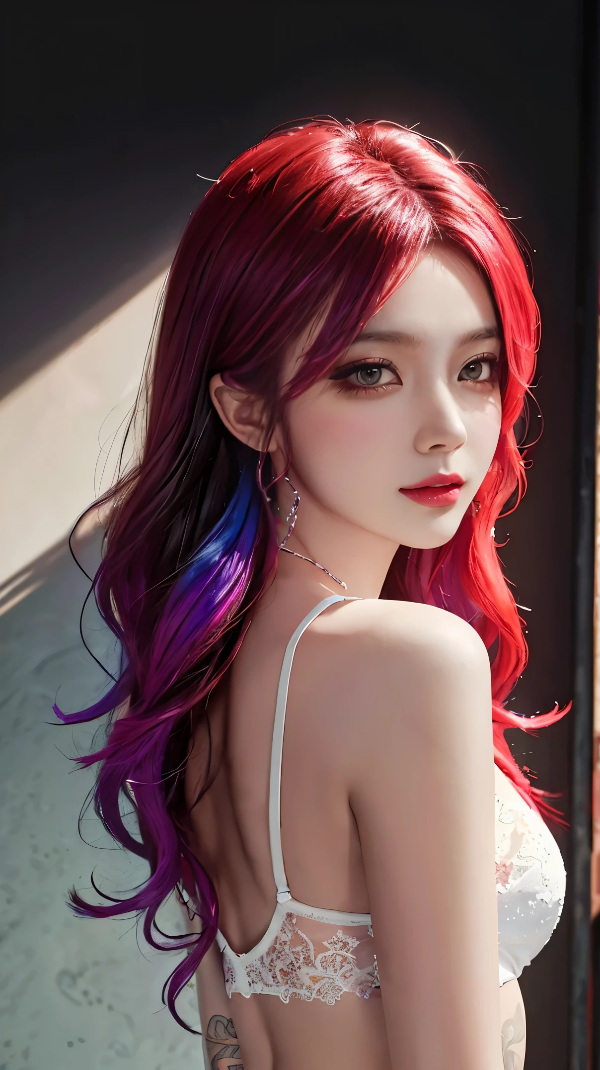(tmasterpiece、best qualtiy、A high resolution),((paint splatter,splash of color,Splash ink、Color splattering)),Sweet Chinese girl,rainbow hair,Pink lips,on back,the detail,Tattooed with,Flirtatious,Lingerie transparent,,sweat soaked,,big asack Shadow,blackstockinglack lace,Raised sexy