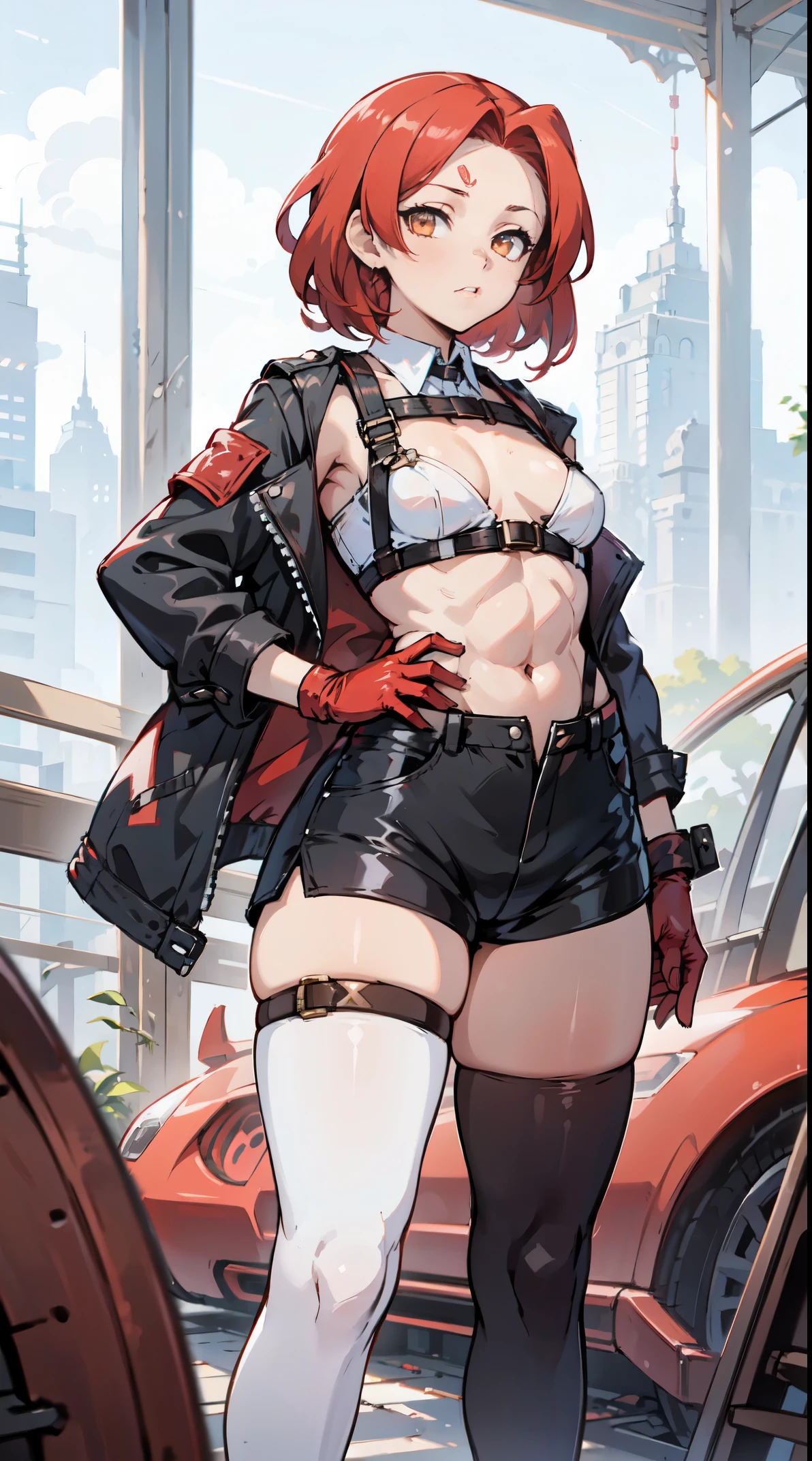 ((Highest quality)), ((masterpiece)), (Familiar), Hazy, Female,Mature Woman,Purple Hair, short hair, Low Ponytail, eye shadow, lipstick, Red eyes,Red suit shirt,Large Breasts,Erect nipples,I can see her cleavage,Red and black jacket, White tight skirt,Red Heels