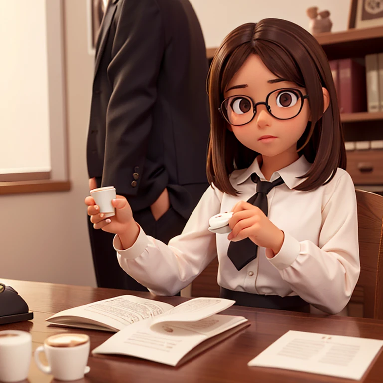 1girl, medium-length brown hair, brown eyes, glasses, open forehead, office outfit, black jacket, white shirt, black skirt, sitting at table, computer, paper on table, coffee cup in hand