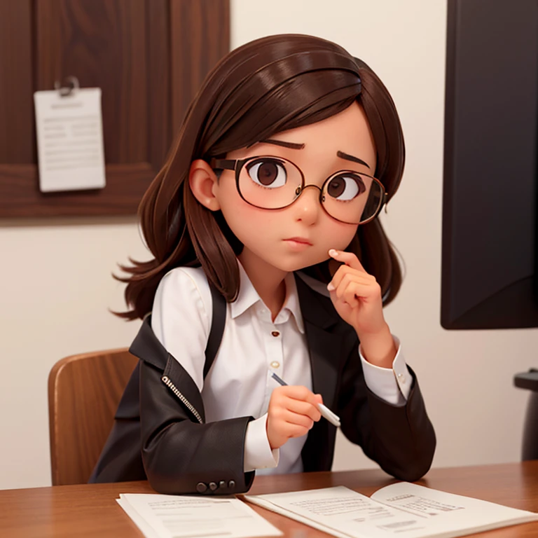 1girl, medium-length brown hair, brown eyes, glasses, open forehead, office outfit, black jacket, white shirt, black skirt, sitting at table, computer, paper on table, coffee cup in hand
