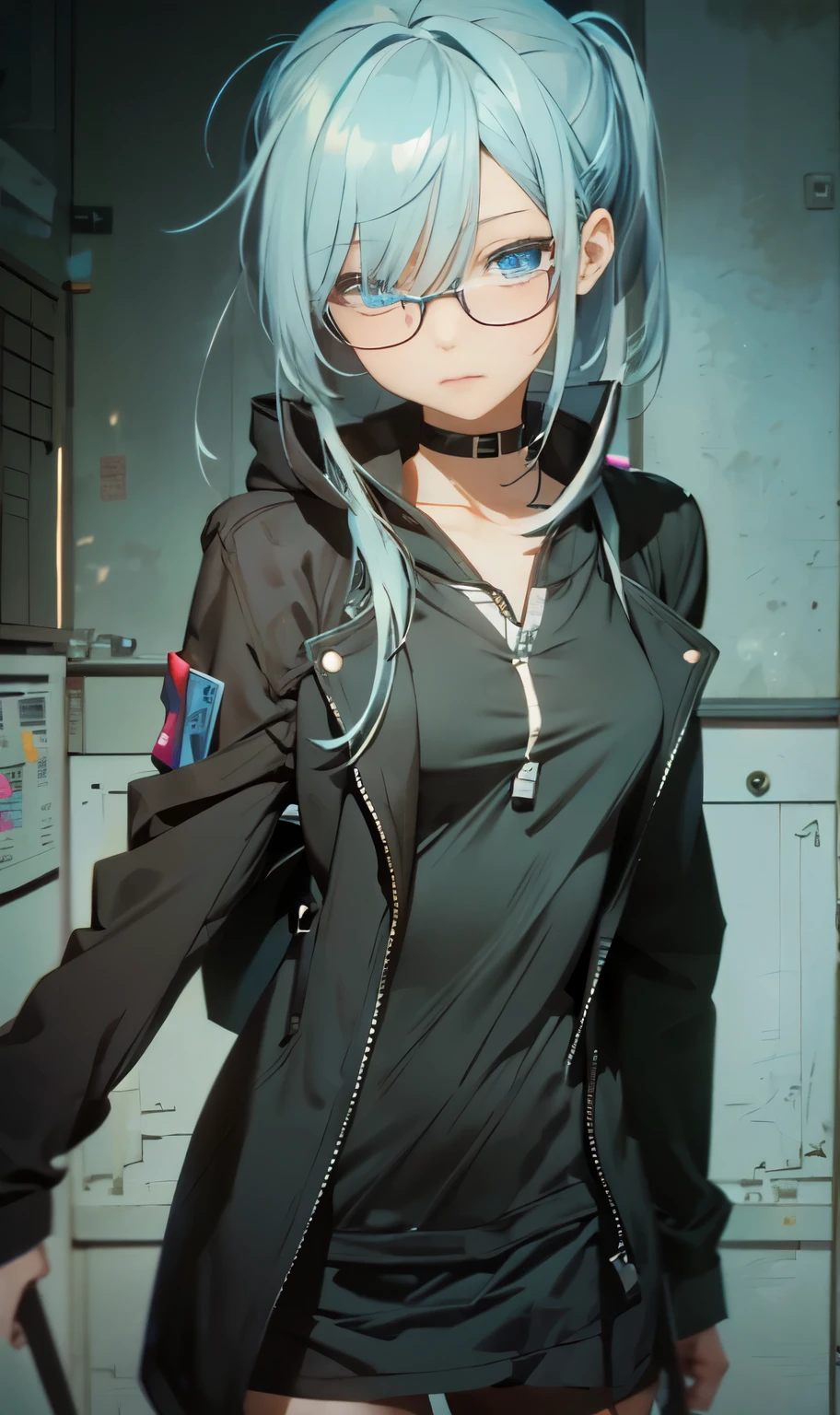 pink there、Blonde and black hair mesh、monochromes、grayscales、Onepiece、dishevled hair、slovenly、Cross-eyed、Drunk、Turned、( Silly / Sexual ecstasy)、Turned、eye glass、top-quality, Photorealistic, An ultra-fine illustrations, beautiful attractive anime girl, miku hatsune, Slender body, Tied hair, one girls, a photo of girl, Full body shot, Beautiful blue eyes, Turned,