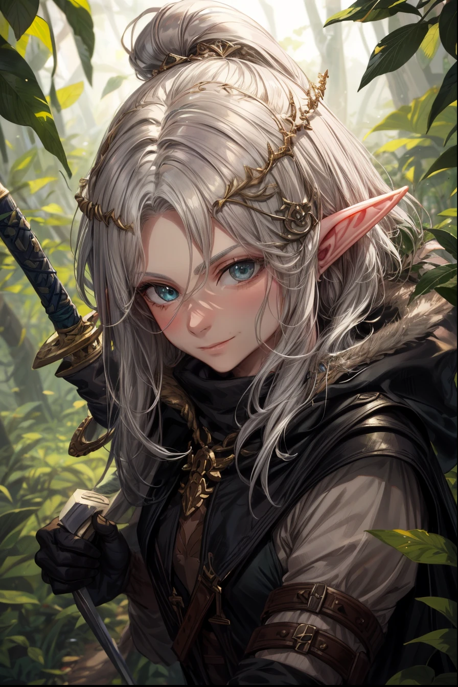 a close up of a person with a sword in a forest, of an elden ring elf, elven character with smirk, a portrait of a male elf, a male elf, a portrait of an elf, backveiw picture of elf rogue, ciri, elf girl, young half elf wizard, portrait of an elf