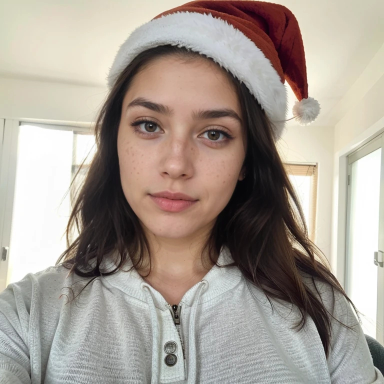 23-year-old hyper-realistic Latin girl with freckles, mood selfie for instagram, Ultra Definition, (photoreallistic: 1.4), 8k, calidad premier, fondos detallados, cara delicada, maquillaje natural, foto raw, iphone, HDR, Coqueteando con el espectador, tight clothes, big tits, santa claus hat