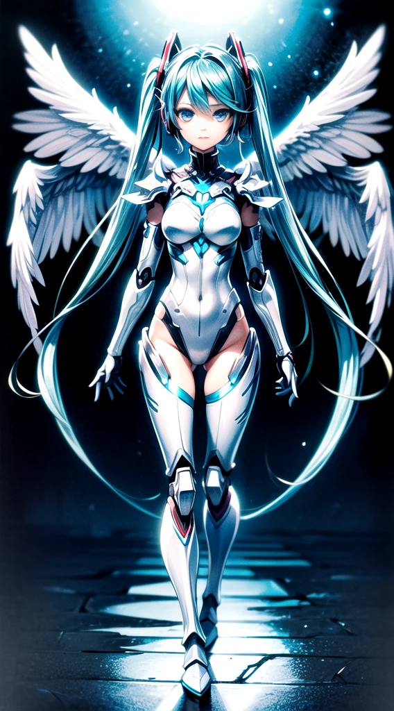 ((((masterpiece, high quality, very_high_resolution, anime colored, Elaborate design, visual art, high quality)))), (((hatunemiku VOCALOID))), twintail, turquoise hair, mecha, 1girl, cyberpunk, realistic, mechanical parts, ((((Angel wings)))), powerd suit, robot joints, headgear, full armor, Limb is a machine, shoulder armor, high heels, armor color((((white)))), high detail, high quality, beautiful art, anime illustration