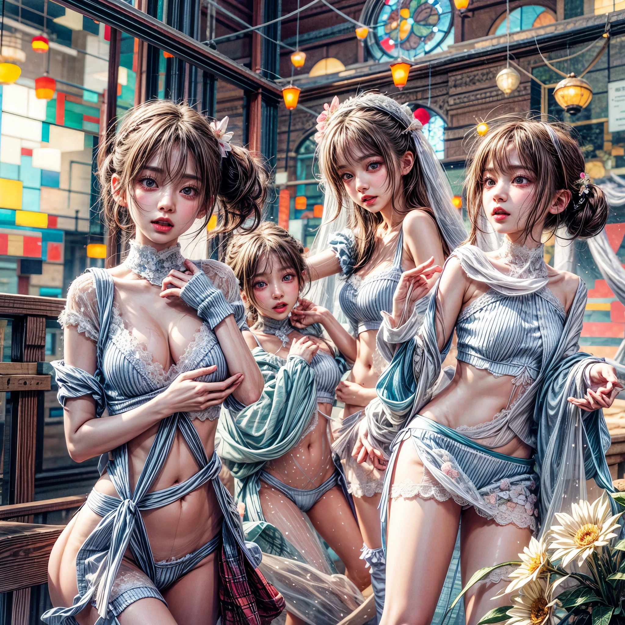 (White and vivid colors, Exposed:1.2, nipple:-0.9), (Acutance:0.8, (9 sexy junior idols in group photograph), ((face variations, Hair variations)), { Navel | pretty Ass | (Delicate lace knitted wear) | Flowers | (Colorful Light shines from Dazzling and delicate stained glass) }, (portrayed in the best quality and high resolution. The image should be ultra-detailed, realistic, and photorealistic with a touch of rawness). { under the mesmerizing back lighting | concept art | enhancing the overall visual impact }. Whole Body proportions and all limbs are anatomically accurate .