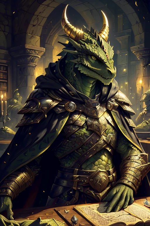 ((Dragonborn, green scales, green eyes, dragon features, dragon face, long gold horns)),  (gold plate armor, armor on chest, gold chest plate, gold pauldrons, black cloak, black robeull body, closeup, portrait, high details, best quality, 8k, [ultra detailed], masterpiece, best quality, (extremely detailed), dynamic angle, ultra wide shot, photorealistic, RAW, fantasy art, dnd art, fantasy art, realistic art, a wide angle picture of a dragonborn sorcerer ready for battle, (intense details, Masterpiece, best quality: 1.5), D&D dragonborn, green scales dragonborn, dynamic eyes color, reptilian eyes, wearing heavy armor, wearing cloak, long cloak, flowing cloak  (intense details, Masterpiece, best quality: 1.5) , dynamic colors,  (intense details, Masterpiece, best quality: 1.5), (intense details, Masterpiece, best quality: 1.5),  (intense details, Masterpiece, best quality: 1.5), library, sitting at table, table filled with books and candles, (intense details, Masterpiece, best quality: 1.5), sense of action, atmosphere of danger, conjuring lighting in hand, casting lighting,  shooting lighting from hands