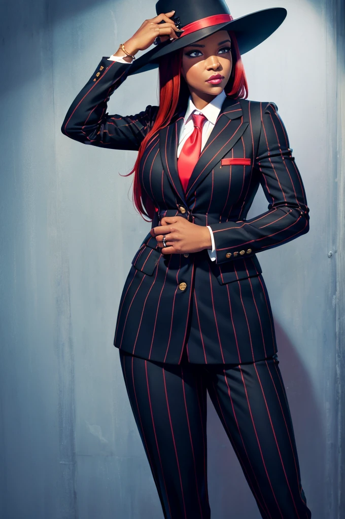 louise free.there is a ebony woman in a suit and hat posing for a picture, cherry red hair ,wearing a pinstripe suit with red pinstripes, pinstripe suit, girl in suit, girl in a suit, woman in black business suit, promotional shot, woman in business suit, wearing black business suit, wearing fashion suit, black stetson and coat, promo shot, wearing a strict business suit, black business suit