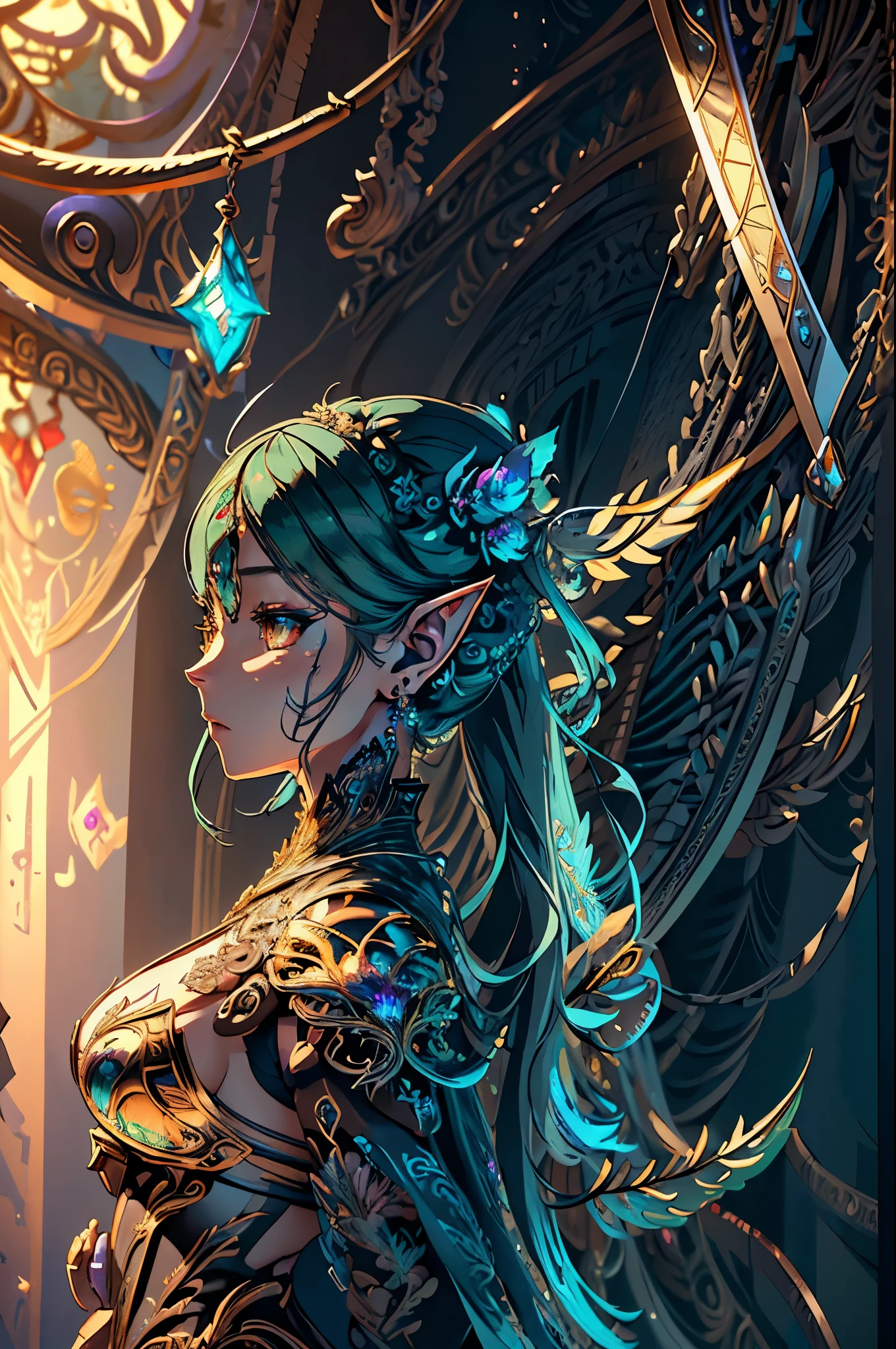 high details, best quality, 8k, [ultra detailed], masterpiece, best quality, (extremely detailed), dynamic angle, ultra wide shot, photorealistic, fantasy art, dnd art, rpg art, realistic art, a wide angle, (((anatomically correct)))  a picture of an elf knight, elf warrior, elite warrior, ready for battle (intense details, Masterpiece, best quality: 1.5), female elf  (intense details, Masterpiece, best quality: 1.5), ultra detailed face, ultra feminine, fair skin, exquisite beauty, gold hair, long hair, wavy hair, small pointed ears, dynamic eyes color, wearing heavy elven armor LnF, shinning metal, armed with elven sword fantasysword sword, standing near a unicorn, green meadows, blue skies background and some clouds background depth of field (intricate details, Masterpiece, best quality: 1.5), dynamic angle, (intricate details, Masterpiece, best quality: 1.5), high details, best quality, highres, ultra wide angle