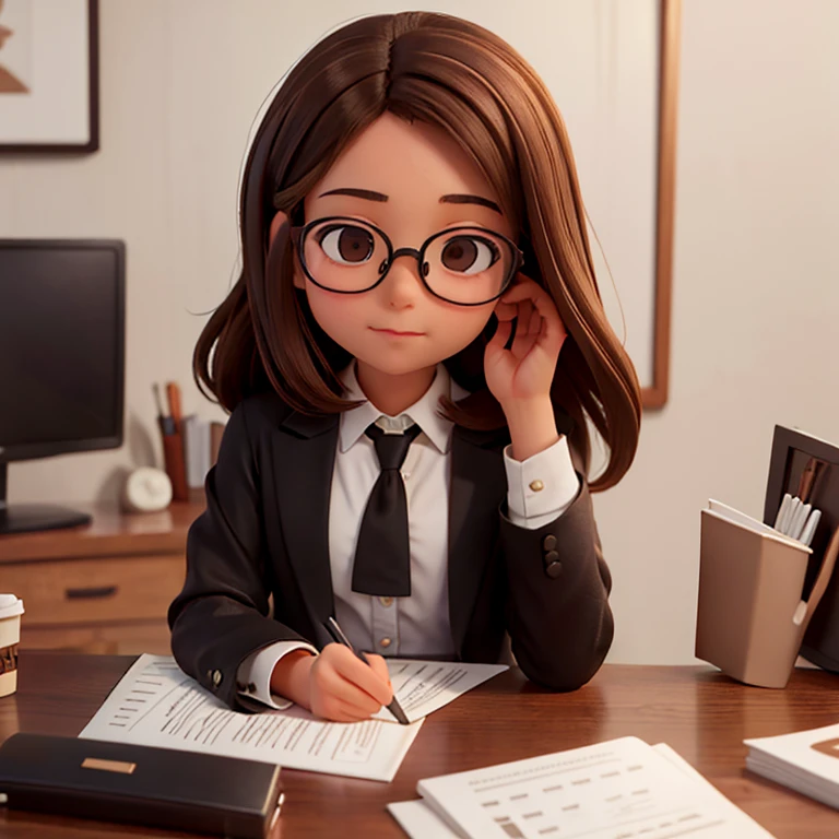 1girl, medium-length brown hair, brown eyes, glasses, open forehead, office outfit, black jacket, white shirt, black skirt, sitting at table, computer, paper on table, coffee cup in hand, calm look, soft smile