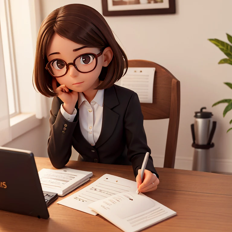 1girl, medium-length brown hair, brown eyes, glasses, open forehead, office outfit, black jacket, white shirt, black skirt, sitting at table, computer, paper on table, coffee cup in hand, calm look, soft smile