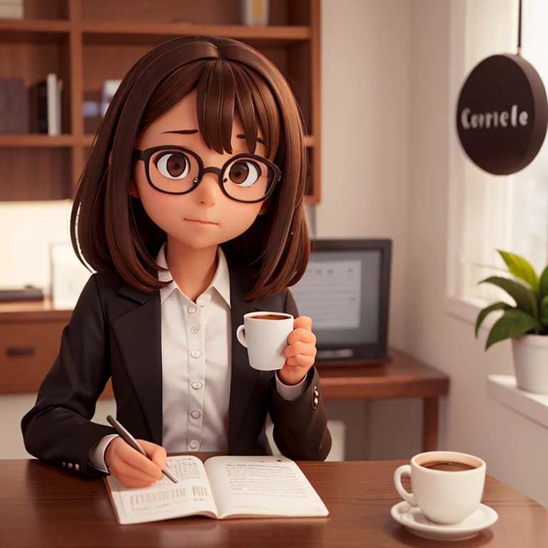 1girl, medium-length brown hair, brown eyes, glasses, open forehead, office outfit, black jacket, white shirt, black skirt, sitting at table, computer, paper on table, coffee cup in hand, calm look, soft smile