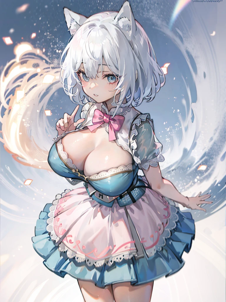 1 girl, short hair with bangs, blue eyes, wearing a short pink dress, fox ears, absurdres, high res, 8K, masterpiece, looking at the viewer