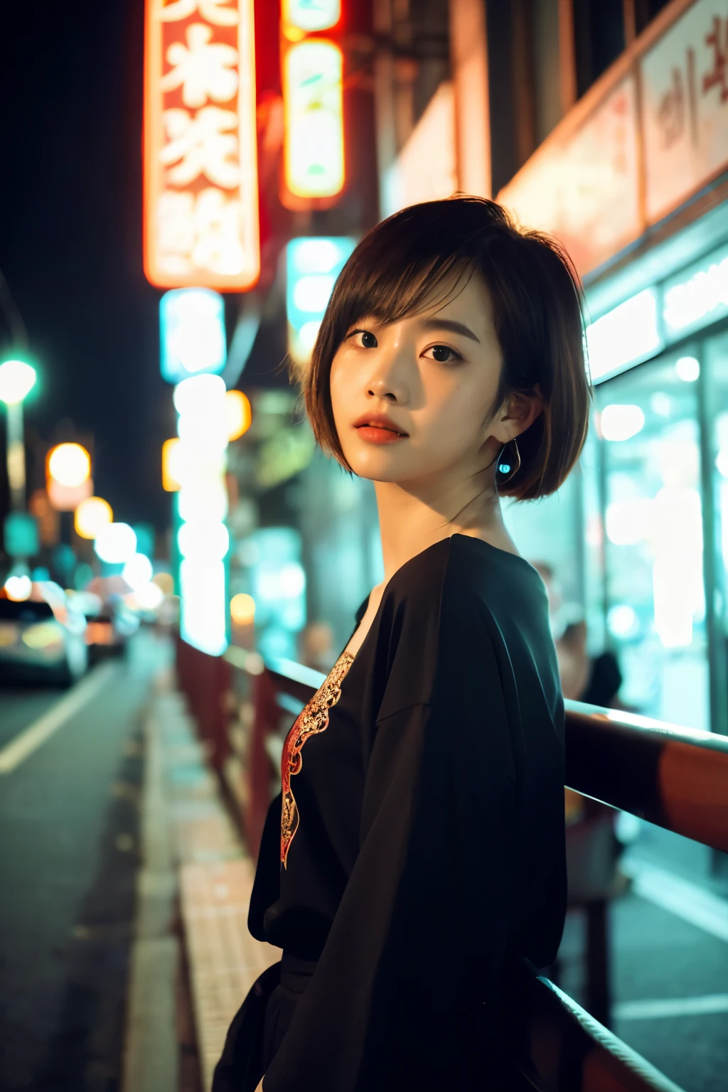 ((Best Quality)), ((masutepiece)), (Cinematic aesthetics:1.4) Beautiful Korean fashion model bokeh city night photo