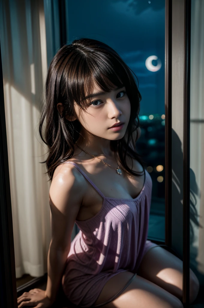 Super detailed details, Ultra High Quality, 超A high resolution, young japanese girl, Ultimate Pretty Face, extremely detailed eye and face, Blue-black eyes, Twinkle Eyes, slightly pink lips, Middle hair, dark brown hair, scream, half updo, Ecchi Lingerie, lying back, knees up, From a room in a high-rise apartment, Flameless windows, Cityscape, Sunlight, Fantastic!!!, (NSFW)