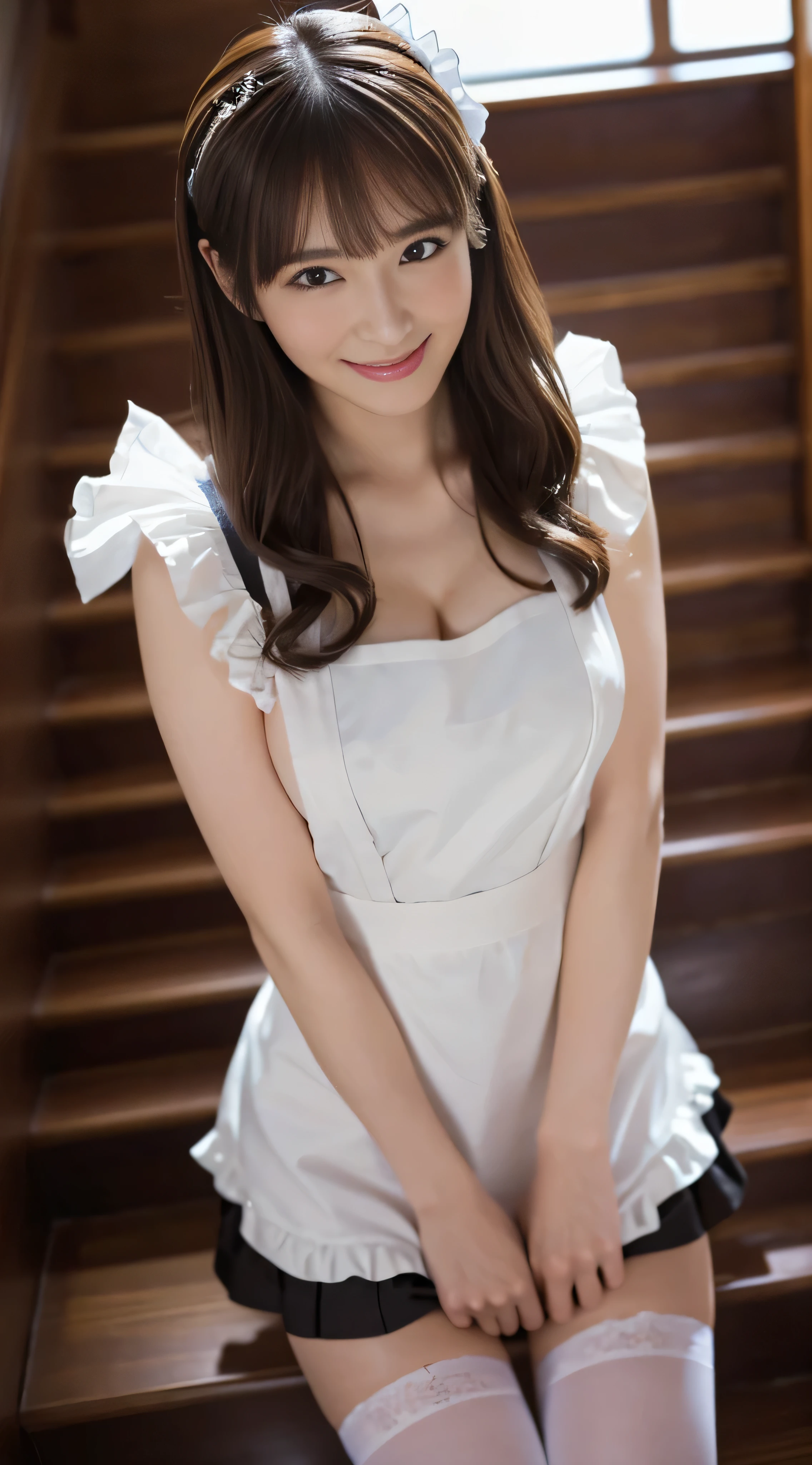 ((masutepiece, Best Quality, hight resolution, nffsw, Perfect Pixel, 4K, nffsw, nffsw))), 1girl in, Single, Solo, Beautie、full body seen、 ((Middle Wave Hair, Bangs, Brown hair)), ((Brown-eyed, Beautiful eyelashes, Realistic eyes)), ((Detailed face, Blushing:1.2)), ((Smooth texture:0.75, Realistic texture:0.65, Photorealistic:1.1, Anime CG style)), Big breasts、soft boob、Dynamic Angle, Perfect body, ((maid's costume、Maid Katyusha、Ruffled apron、No skirt、Stockings、wearing an apron without a bra))、Cooking in the kitchen、(On the way up the stairs、Angle from below、I can see all my panties、)、、、()、Very embarrassing panic smile、((、))、