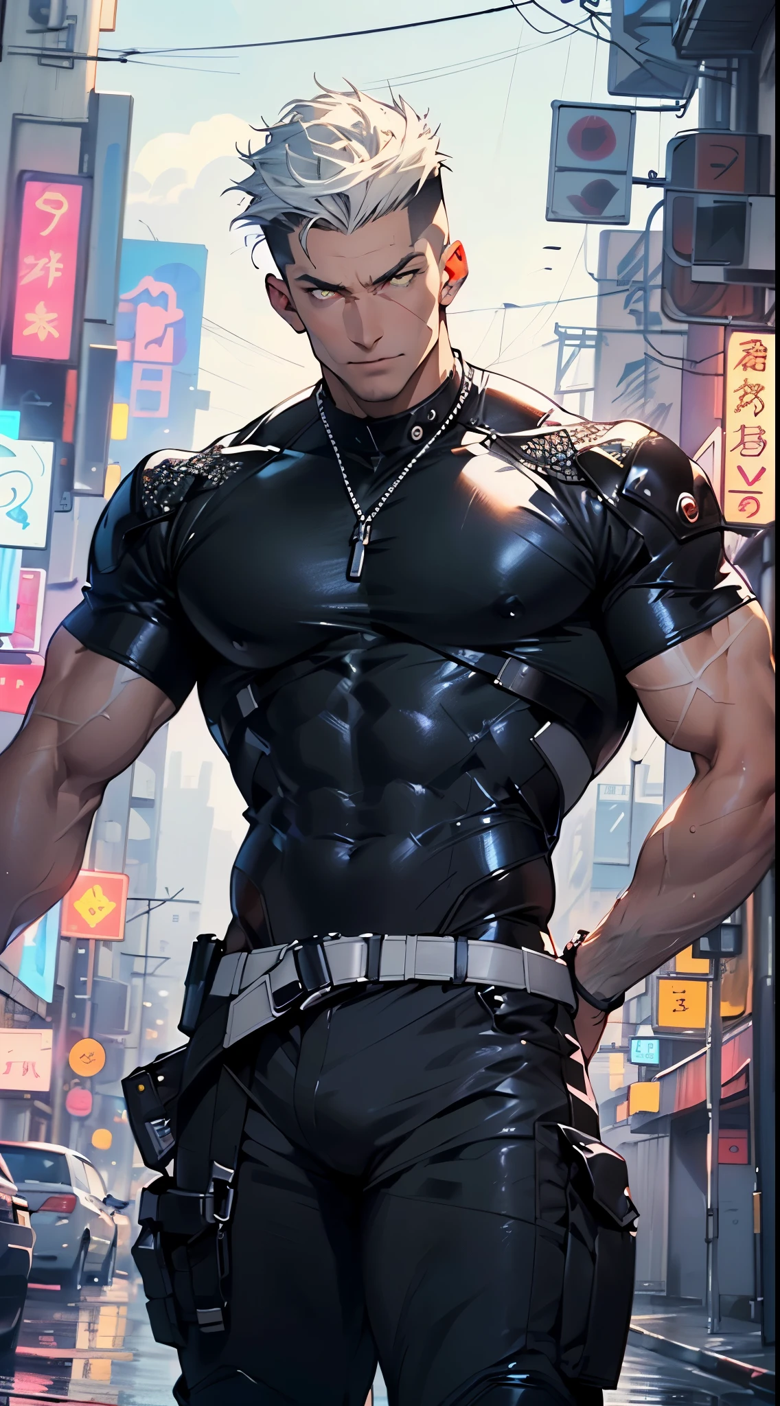 muscular man,(((1man))),((man muscular)),

(((1male,man:1.5,handsome man,male,male gender:1.5,male focus))),macho man,

((short white hair)),(((lustrous skin:1.5,tanned skin,bright skin: 1.5,skin tanned,shiny skin,very shiny skin,shiny body,illuminated skin))),(((yellow_eyes:1.2))),intricate eyes,beautiful detailed eyes,symmetrical eyes,((exaggerated muscles,exaggerated shoulders,very muscular and huge)),man chest,handsome face,((((muscular,hairy body,muscular man,tall,big biceps,abs,big thighs,broad shoulders,open chest)))),(((detailed face))),(((square jaw))),

alluring look,nsfw,

(((bare chest,shirtless))),motorcyclist pants,((bulge in pants)),((motorcyclist outfit)),(wearing a motorcyclist outfit:1.3,motorcyclist clothes),((wet clothes,intricate outfit,intricate clothes)),

(dynamic pose:1.0),solo focus,((evil smile,evil look)),(centered,scale to fit dimensions,Rule of thirds),

cyberpunk city by the ocean at night, with bright neon signs and dark stormy clouds and puddles, scenery:1.25,nighttime, starry night, cosmos,Very dark night that makes the neon lights stand out, very bright neon lights,nighttime, starry night, cosmos,

highres, sharp focus, (ultra detailed, extremely detailed), (photorealistic artwork:1.37),(extremely detailed CG unity 8k wallpaper),((synthwave background theme)),(((vibrant colors))),(intricate background),(masterpiece),(best quality),