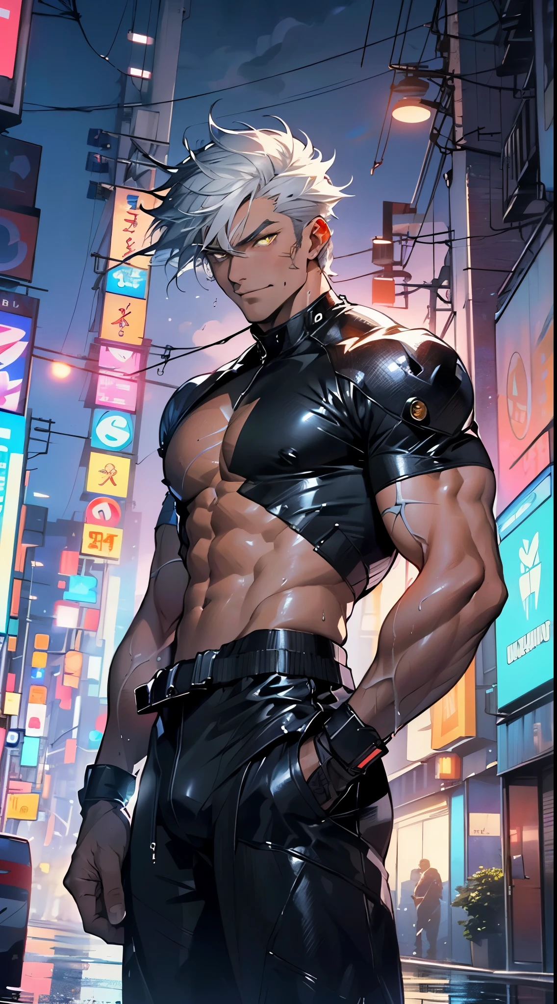 muscular man,(((1man))),((man muscular)),
(((1male,man:1.5,handsome man,male,male gender:1.5,male focus))),macho man,
((short white hair)),(((lustrous skin:1.5,tanned skin,bright skin: 1.5,skin tanned,shiny skin,very shiny skin,shiny body,illuminated skin))),(((yellow_eyes:1.2))),intricate eyes,beautiful detailed eyes,symmetrical eyes,((exaggerated muscles,exaggerated shoulders,very muscular and huge)),man chest,handsome face,((((muscular,hairy body,muscular man,tall,big biceps,abs,big thighs,broad shoulders,open chest)))),(((detailed face))),(((square jaw))),
alluring look,nsfw,
(((bare chest,shirtless))),motorcyclist pants,((bulge in pants)),((motorcyclist outfit)),(wearing a motorcyclist outfit:1.3,motorcyclist clothes),((wet clothes,intricate outfit,intricate clothes)),
(dynamic pose:1.0),solo focus,((evil smile,evil look)),(centered,scale to fit dimensions,Rule of thirds),
cyberpunk city by the ocean at night, with bright neon signs and dark stormy clouds and puddles, scenery:1.25,nighttime, starry night, cosmos,Very dark night that makes the neon lights stand out, very bright neon lights,nighttime, starry night, cosmos,
highres, sharp focus, (ultra detailed, extremely detailed), (photorealistic artwork:1.37),(extremely detailed CG unity 8k wallpaper),((synthwave background theme)),(((vibrant colors))),(intricate background),(masterpiece),(best quality),