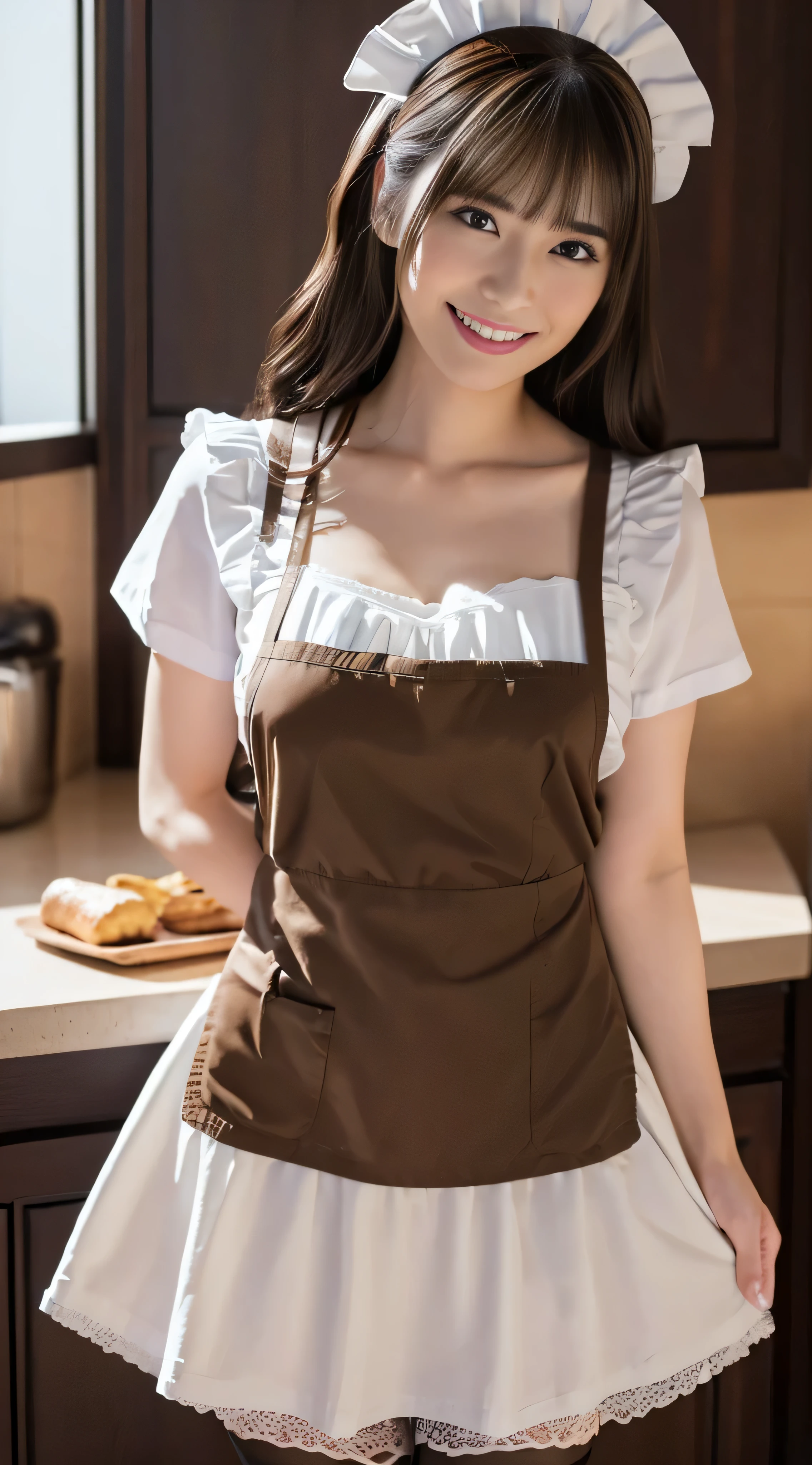 (masterpiece, highest quality:1.2), One girl, woman, 23 years old、 cute、(cuteメイド服を着ている), (Pink gingham check maid outfit:1.5)) Idol Style、smile、(おしゃれでcute喫茶店内:1.4)、whole body、(He brought me a tray of chocolate mint juice..;1.4)、summer、hot、White underwear、Soft Breasts