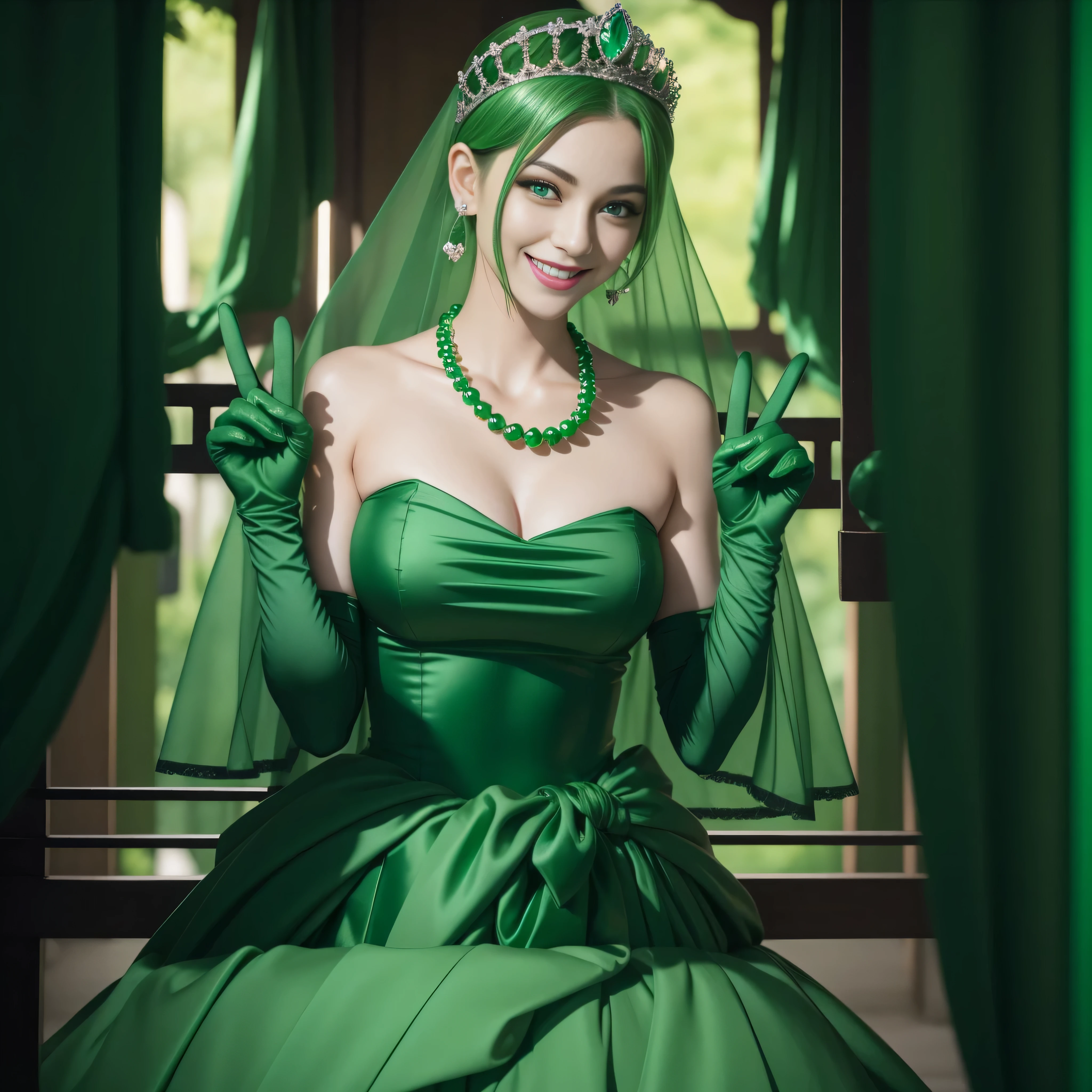 emerald tiara, Green Pearl Necklace, Boyish very short green hair, lipsticks, Japan woman smiling, very short short hair, big breasts beautiful, Green eyes, Long green gloves made of satin material, Green eyes, Emerald Earrings, green vale, v sign