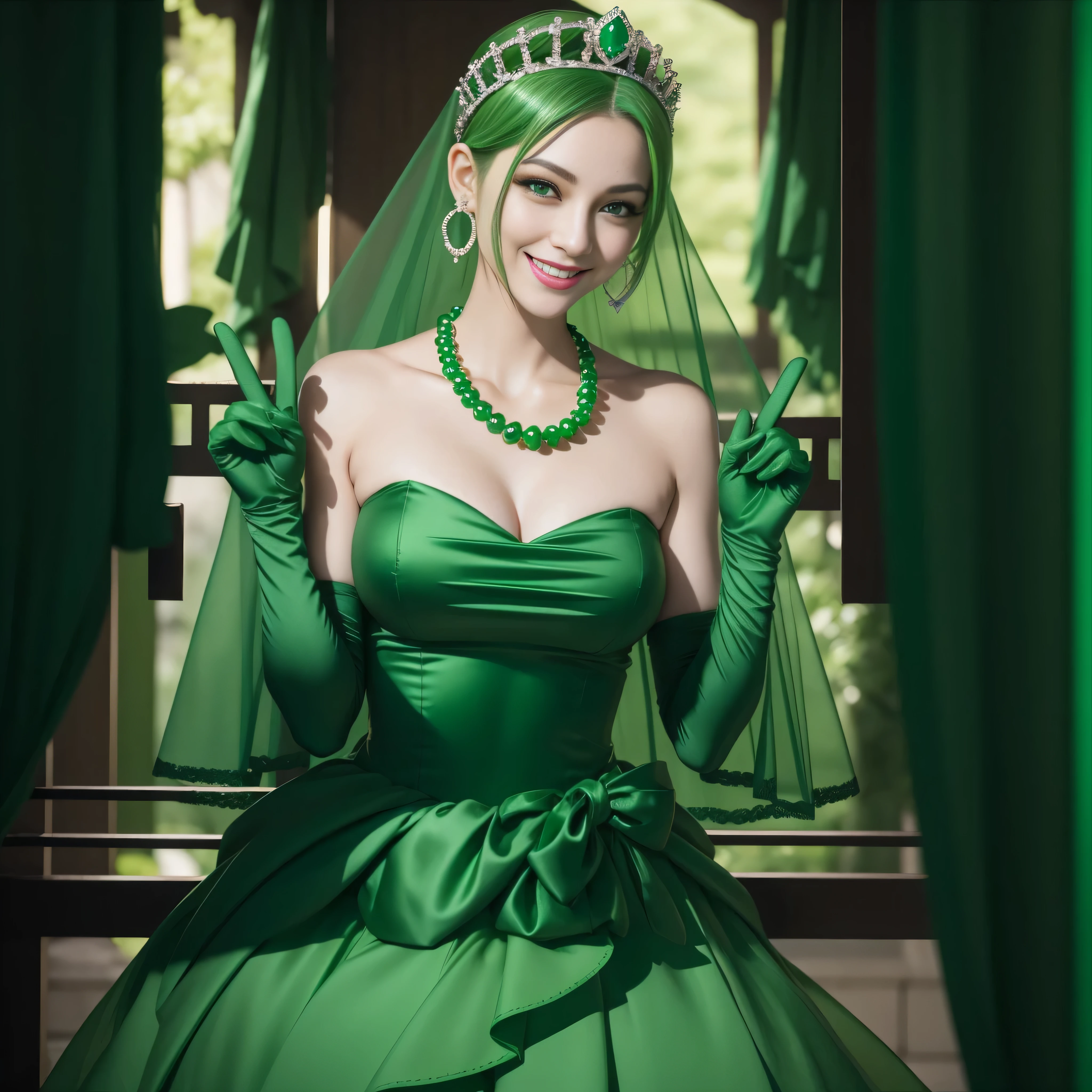 emerald tiara, Green Pearl Necklace, Boyish very short green hair, lipsticks, Japan woman smiling, very short short hair, big breasts beautiful, Green eyes, Long green gloves made of satin material, Green eyes, Emerald Earrings, green vale, v sign