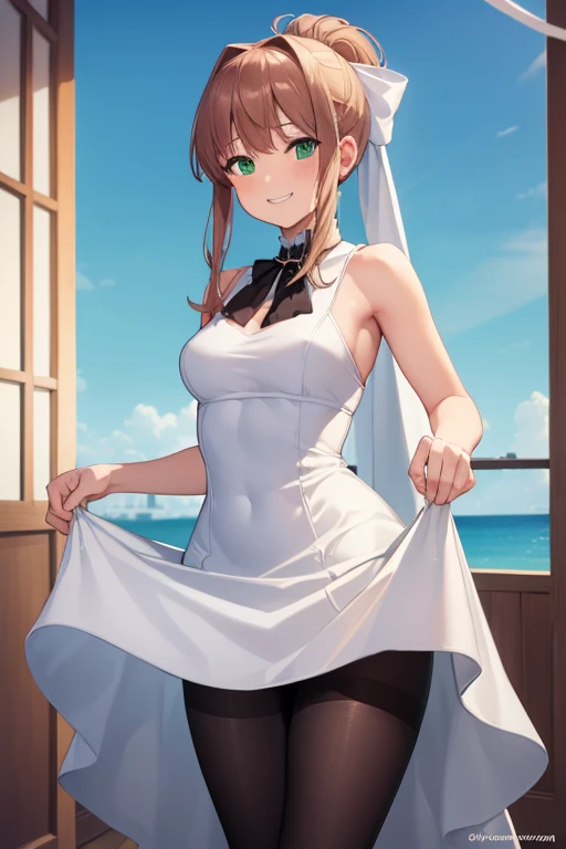 ((full pose:1.5)), ((view from bellow:1.5)), ((standing:1.5)), ((dress lift:1.5)), ddlcmonika, ddlcmonika, blunt bangs, brown hair, (green eyes:1.5), long hair, ponytail, ribbon, white ribbon, hair ribbon, sidelocks, ((happy face:1.4)), ((armpits)), BREAK ((short white dress:1.4)), ((black pantyhose:1.4)),
BREAK ((looking at viever))
BREAK living room background, ((medium breasts:1.4)),
BREAK (masterpiece:1.2), best quality, high resolution, unity 8k wallpaper, (illustration:0.8), (beautiful detailed eyes:1.6), extremely detailed face, perfect lighting, extremely detailed CG, (perfect hands, perfect anatomy), ((sky from bellow:1.5)), ((view from bellow:1.5)),