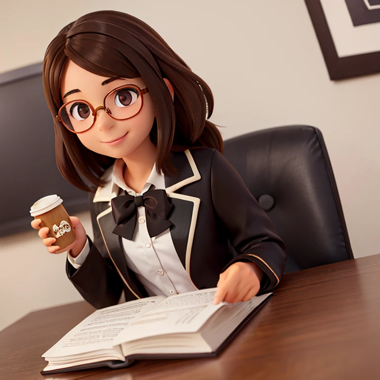 1girl, medium-length brown hair, brown eyes, glasses, open forehead, office outfit, black jacket, white shirt, black skirt, sitting at table, computer, paper on table, coffee cup in hand, calm look, smile