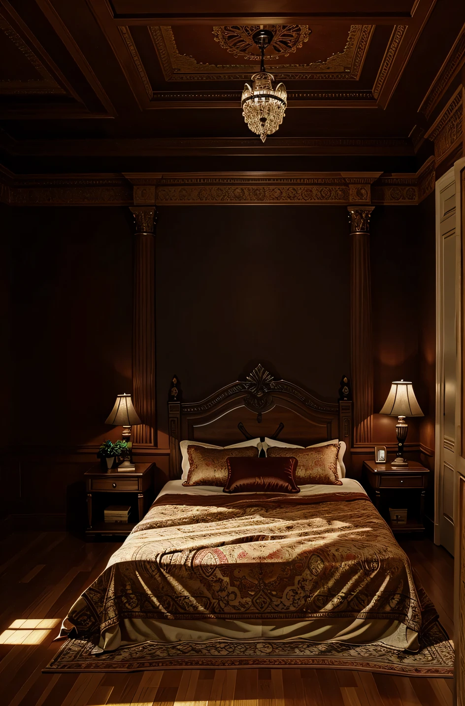 A regal king bedroom adorned with intricate dark red paintings, depicting scenes of ancient battles and legends, creating an aura of mystery and power. The room is furnished with rich, polished wood furniture, exuding elegance and grandeur. Soft candlelight casts a warm glow, further enhancing the dramatic atmosphere. This prompt is for a photography-style image with natural lighting, capturing the intricate details of the artwork and the textures of the wood. The camera used is a high-resolution DSLR with a narrow depth of field, emphasizing the paintings while blurring the background slightly.