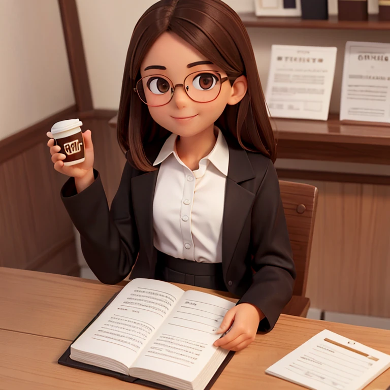 1girl, medium-length brown hair, brown eyes, glasses, open forehead, office outfit, black jacket, white shirt, black skirt, sitting at table, computer, paper on table, coffee cup in hand, calm look, smile