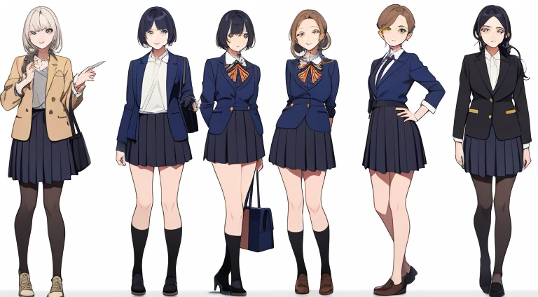(((Best Quality))) , ((full body)), female, multiple views, white background, variety of hairstyles, variety of fashion styles, seductive pose, fashionable and trendy atmosphere, holding bag, school uniform, short jacket,
blue, orange, green, violet, brown, white,