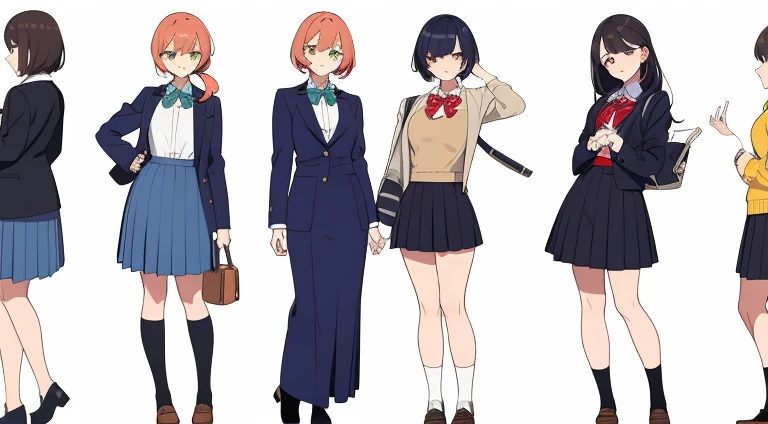 (((Best Quality))) , ((full body)), female, multiple views, white background, variety of hairstyles, variety of fashion styles, seductive pose, fashionable and trendy atmosphere, holding bag, school uniform, short jacket,
blue, orange, green, violet, brown, white,
