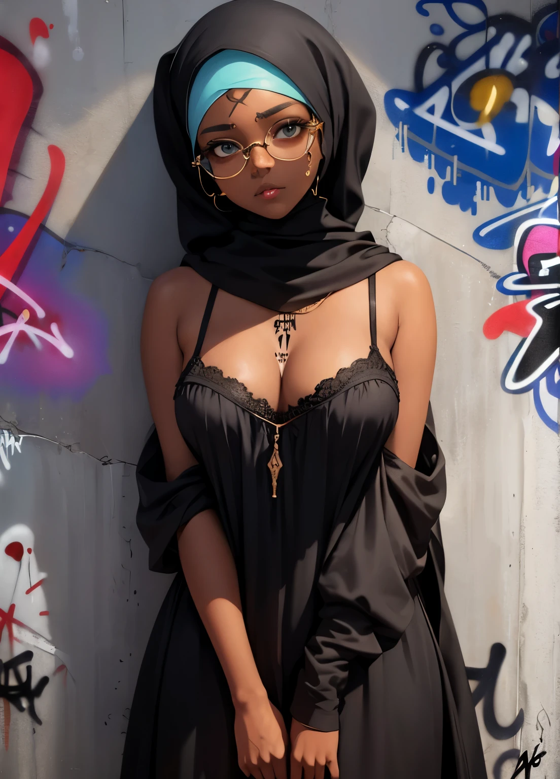 hijabi, very dark skin, classical,masterpiece, best quality, 1girl, solo, choker, (graffiti:1.5), arms behind back, against wall, looking at viewer,, glasses, cleavage