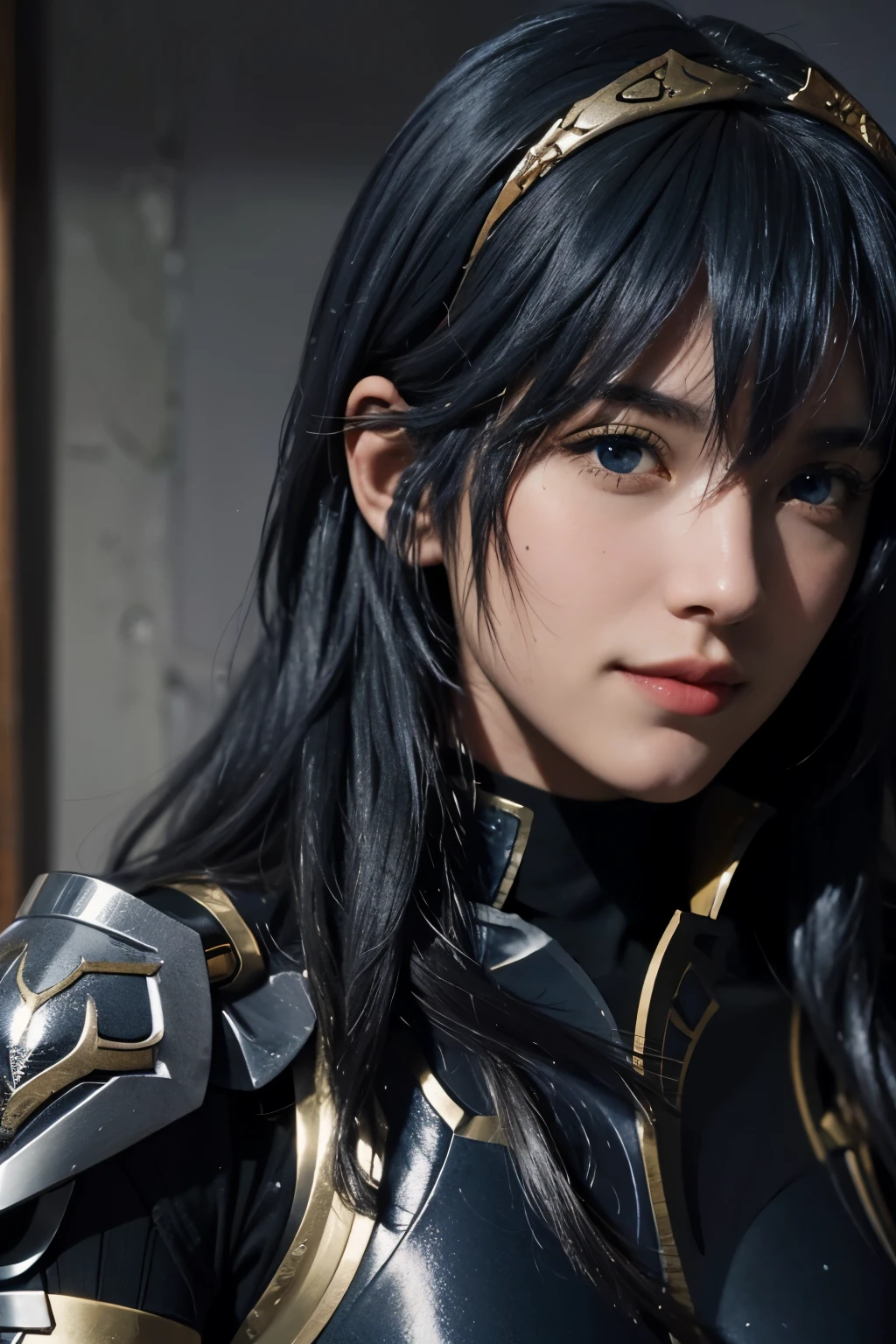 close up portrait, Lucina ylisse, lucina ylisse from fire emblem, a woman in dark armor with silver parts with blue hair, dark armor, black armor, blue eyes, strong, the main warrior from a fantasy movie, intricate scenery, intricate, masterpiece, seductive smile, dark blue hair color, different poses, 8k, intricate details, sharp focus, beautiful lights, beautiful details, high definition