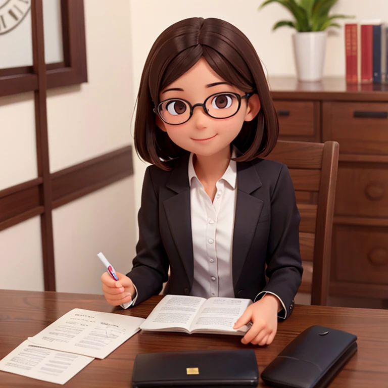 1girl, medium-length brown hair, brown eyes, glasses, open forehead, office outfit, black jacket, white shirt, black skirt, sitting at table, (computer), paper on table, coffee cup in hand, calm look, smile