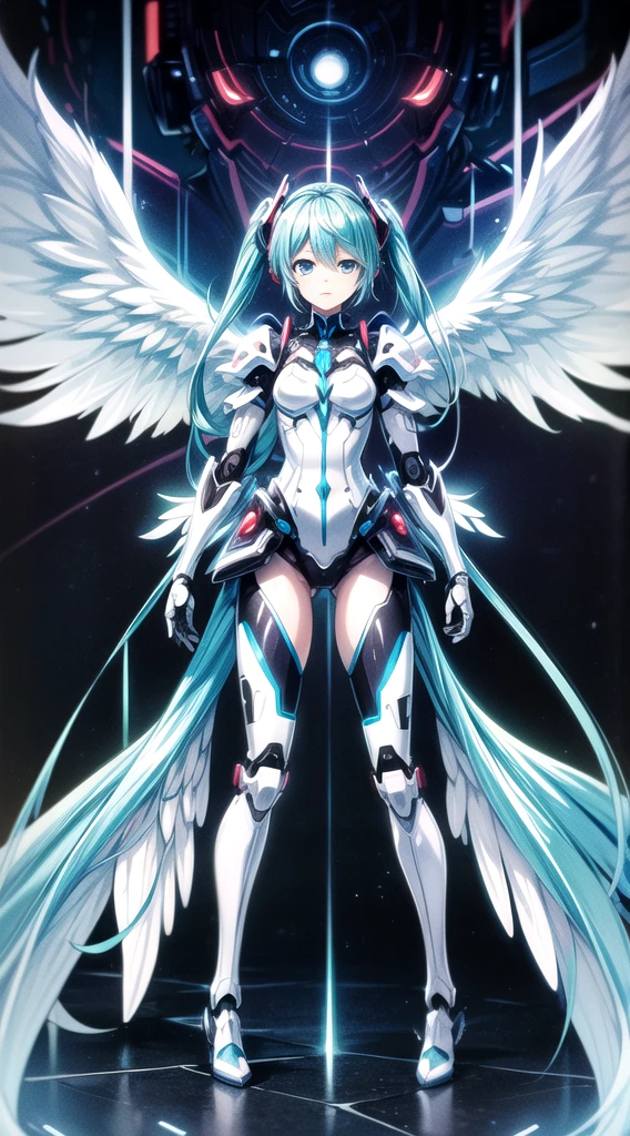 ((((masterpiece, high quality, very_high_resolution, anime colored, Elaborate design, visual art, high quality)))), (((hatunemiku VOCALOID))), twintail, turquoise hair, mecha, 1girl, cyberpunk, realistic, mechanical parts, ((((Angel wings)))), powerd suit, robot joints, headgear, full armor, Limb is a machine, shoulder armor, high heels, armor color((((white)))), (high detail), (high quality), (anime illustration)