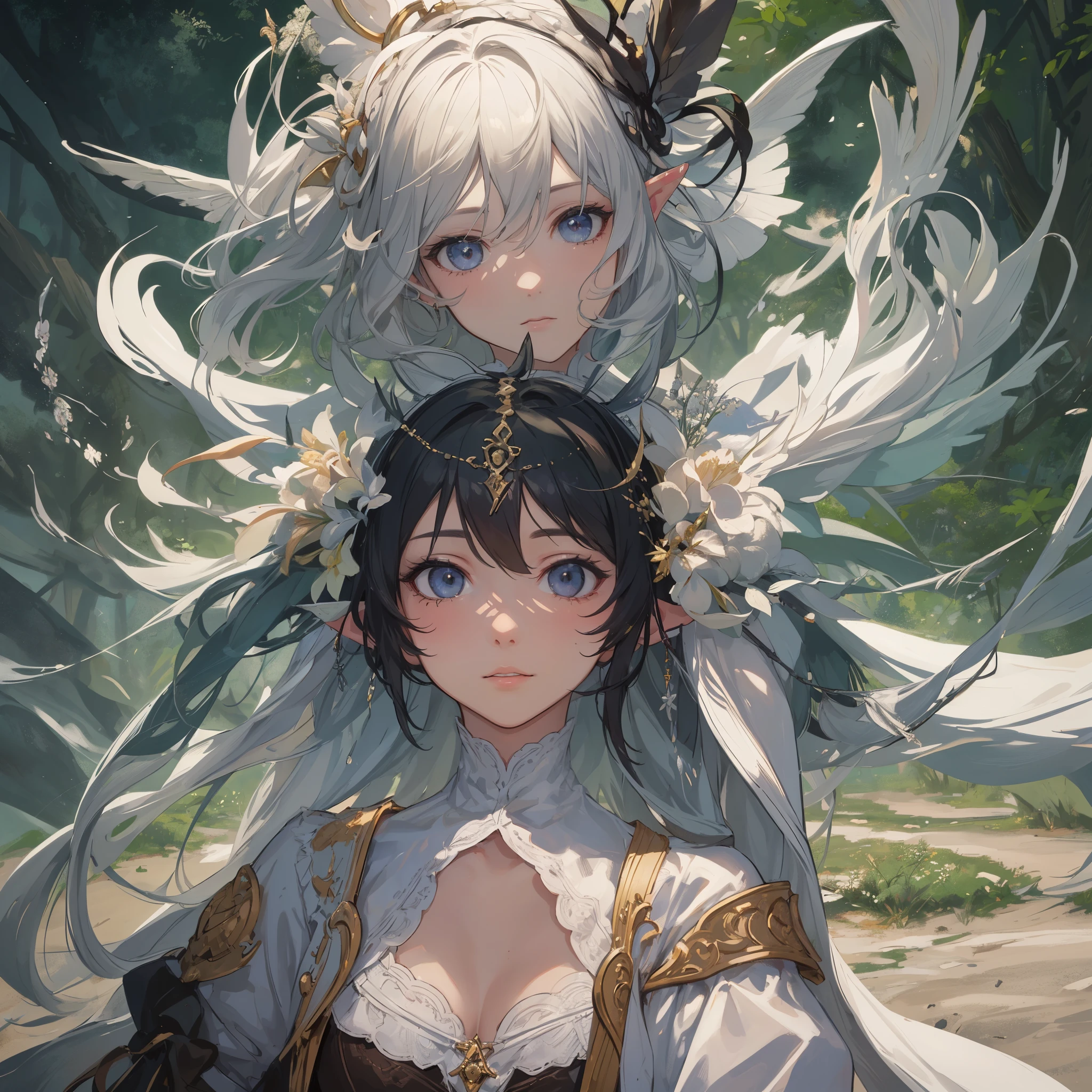 fallen wood,Elf with a bow:1.1,Unicorn and Girl:1.1,Undulating lakes,deep-forest,Blowing in the wind,Has depth,(4k), (Raw photo: 1.2), (Realism: 1.4), (masutepiece: 1.3), (exquisite detailing: 1.2), Delicate and beautiful details, (Eye Detail), (Facial Detailed), (Highest Quality) :1.4), (Hyper-Resolution: 1.2),(very detailed illustration), Best Quality, depth of fields, Wide light, natural shadows