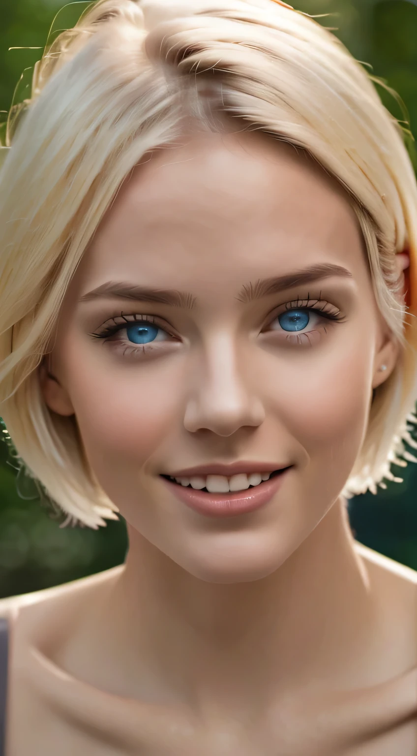 1girl, short hair, blonde, blue eyes, blub, in a park, smiling, photorealistic, 8k, ultra detail, super high res, naked